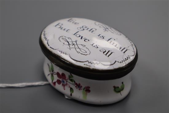 An early 19th century South Staffordshire enamel patch box, length 5cm